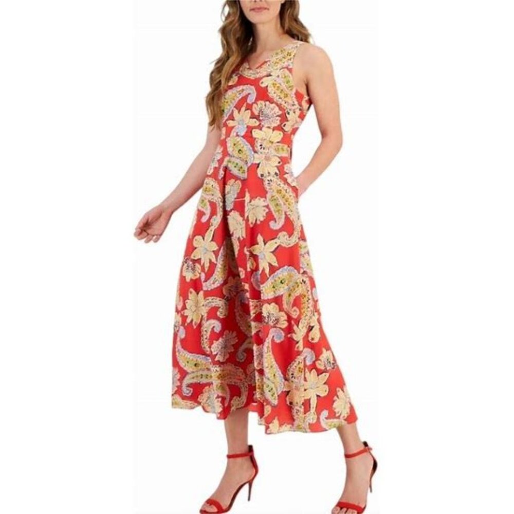 Long Flowy Tahari Red Floral & Paisley Sleeveless Dress Size 2